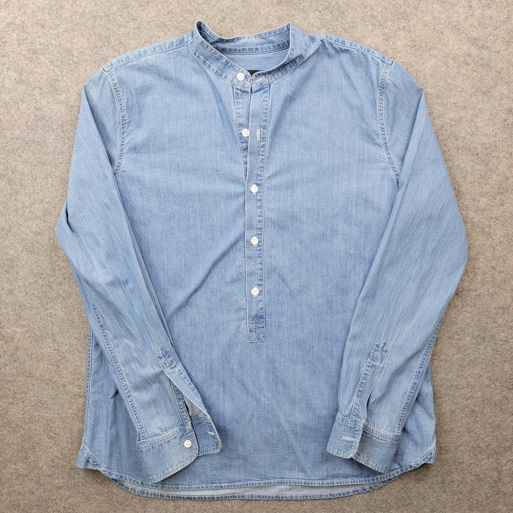 3x1 Shirt Mens Large‎ Blue Denim Band Collar Button Front Long Sleeve Casual